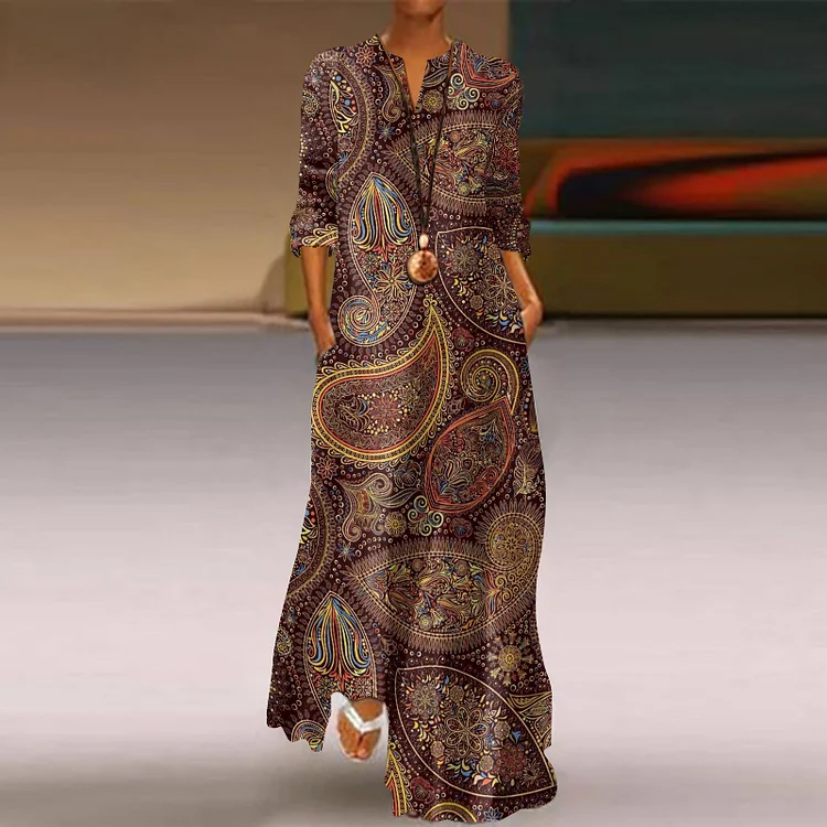 Vintage Ethnic Noble Paisley Geometric Pattern Printed Flowy Maxi Dress