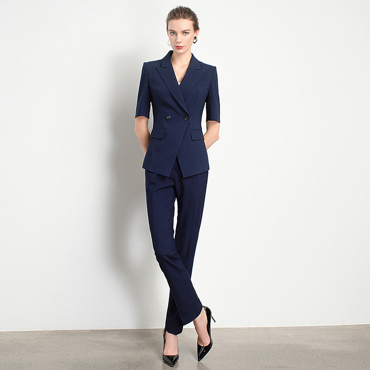 Women's Navy Blue Short Sleeve Suit Three Piece