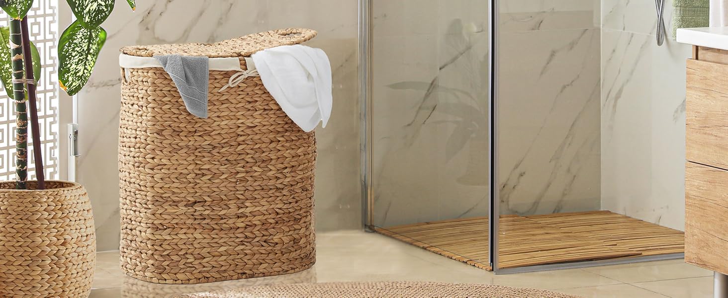 Casafield Oval Laundry Hamper, Two Section Laundry Basket with Liners, Water Hyacinth Hamper
