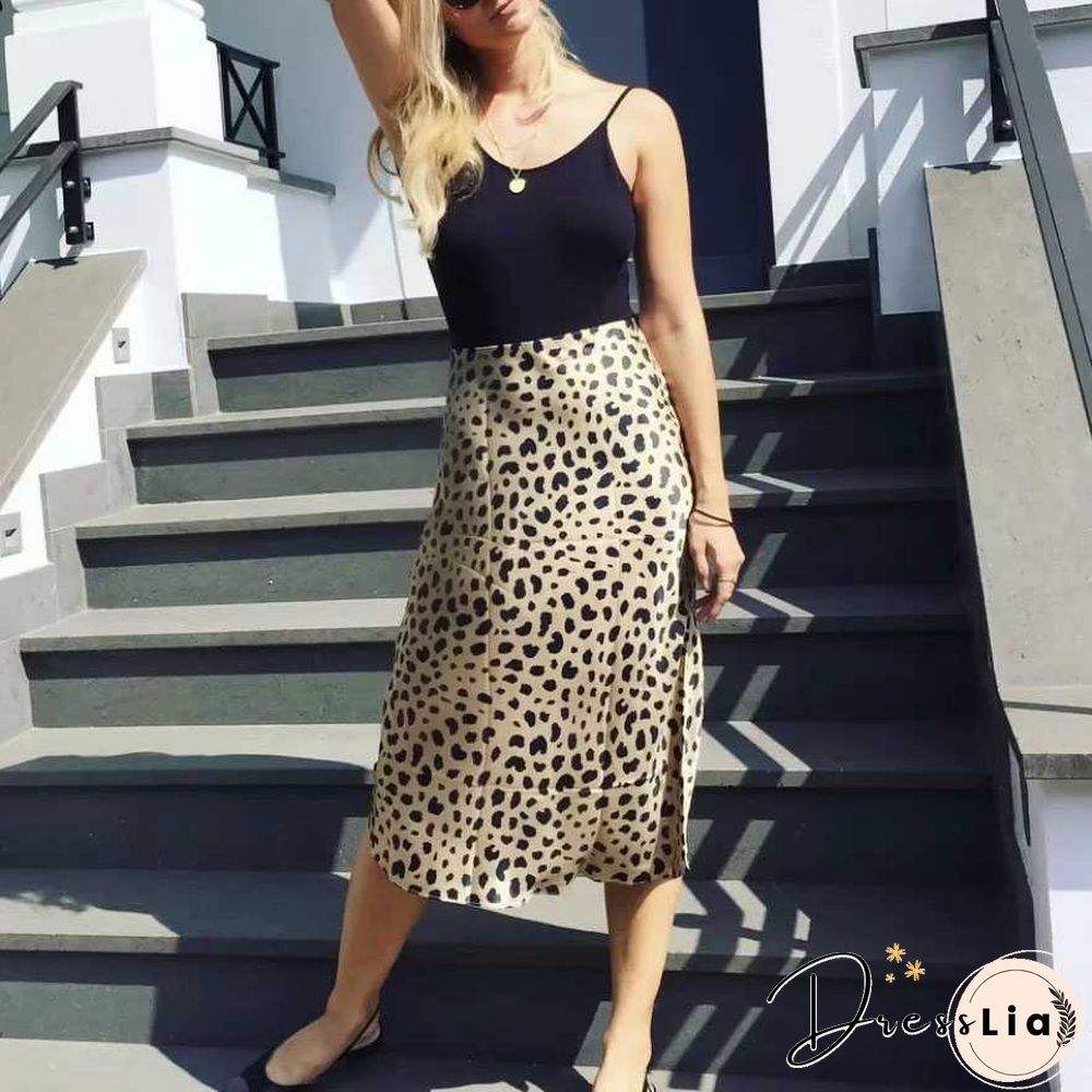 Retro Elastic Band High Waisted Leopard Print Satin Midi Skirt