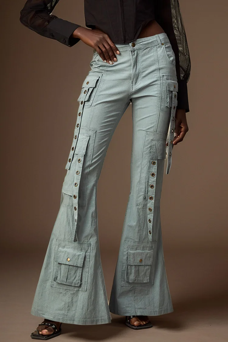 Low Rise Eyelet Denim Cargo Flare Jeans-Light Blue