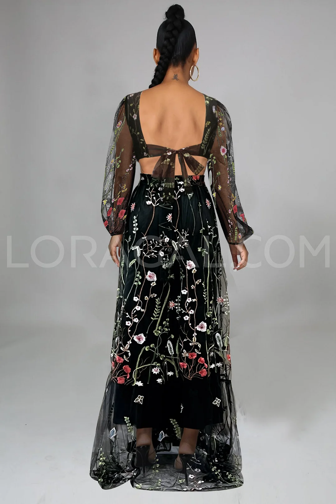Embroidered Bright Yarn Mesh DressSlim Fit V neck Mid Length Dress main image 0