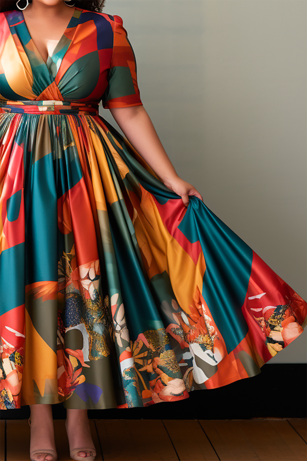 Design Plus Size Daily Boho Multicolor Spring Summer V Neck Short Sleeve Satin Maxi Dresses [Pre-Order]