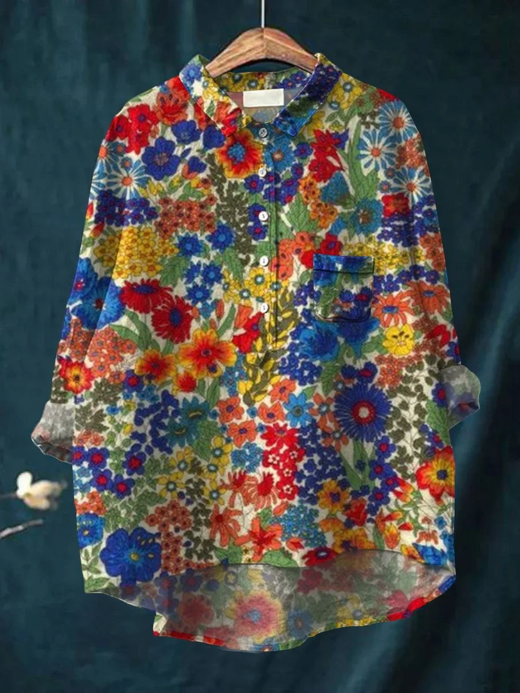 Women's Flower Art Print Casual Cotton And Linen Shirt