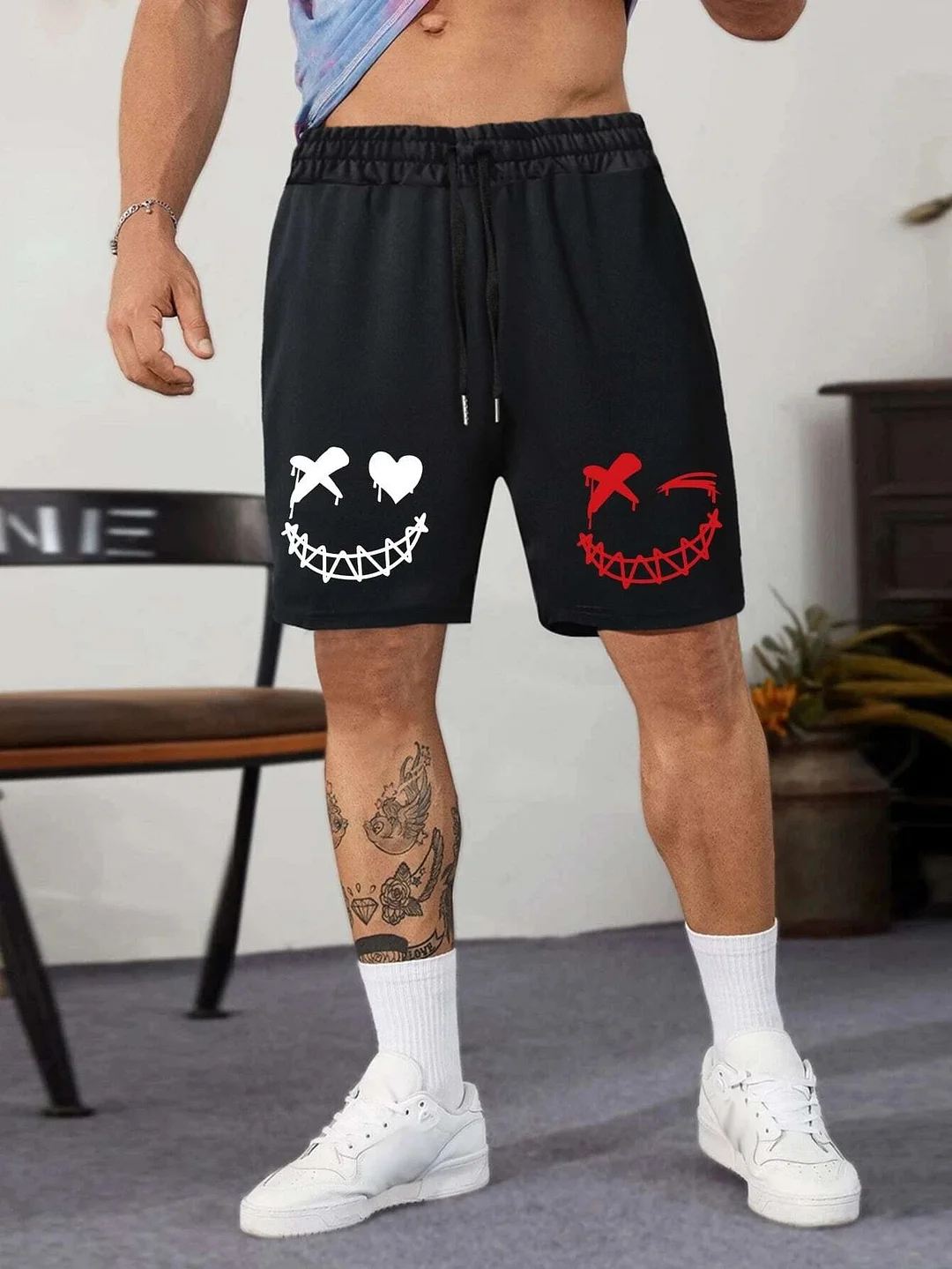 Evil Emoji Bicolourable Pattern Casual Black Print Shorts