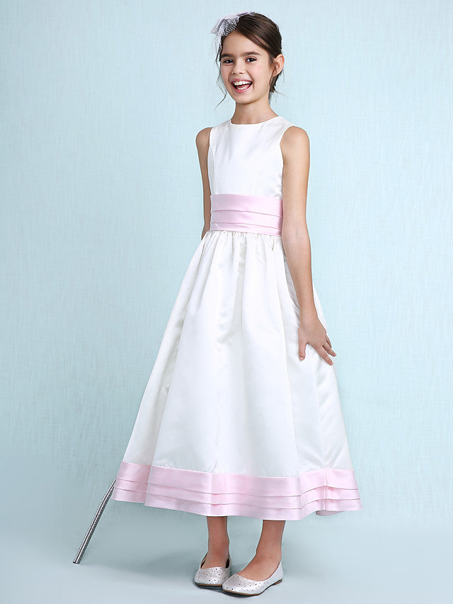 Princess / A-Line Jewel Neck Knee Length Satin Junior Bridesmaid Dress With Sash / Ribbon / Ruched / Ruffles / Spring / Summer / Fall / Winter / Wedding Party