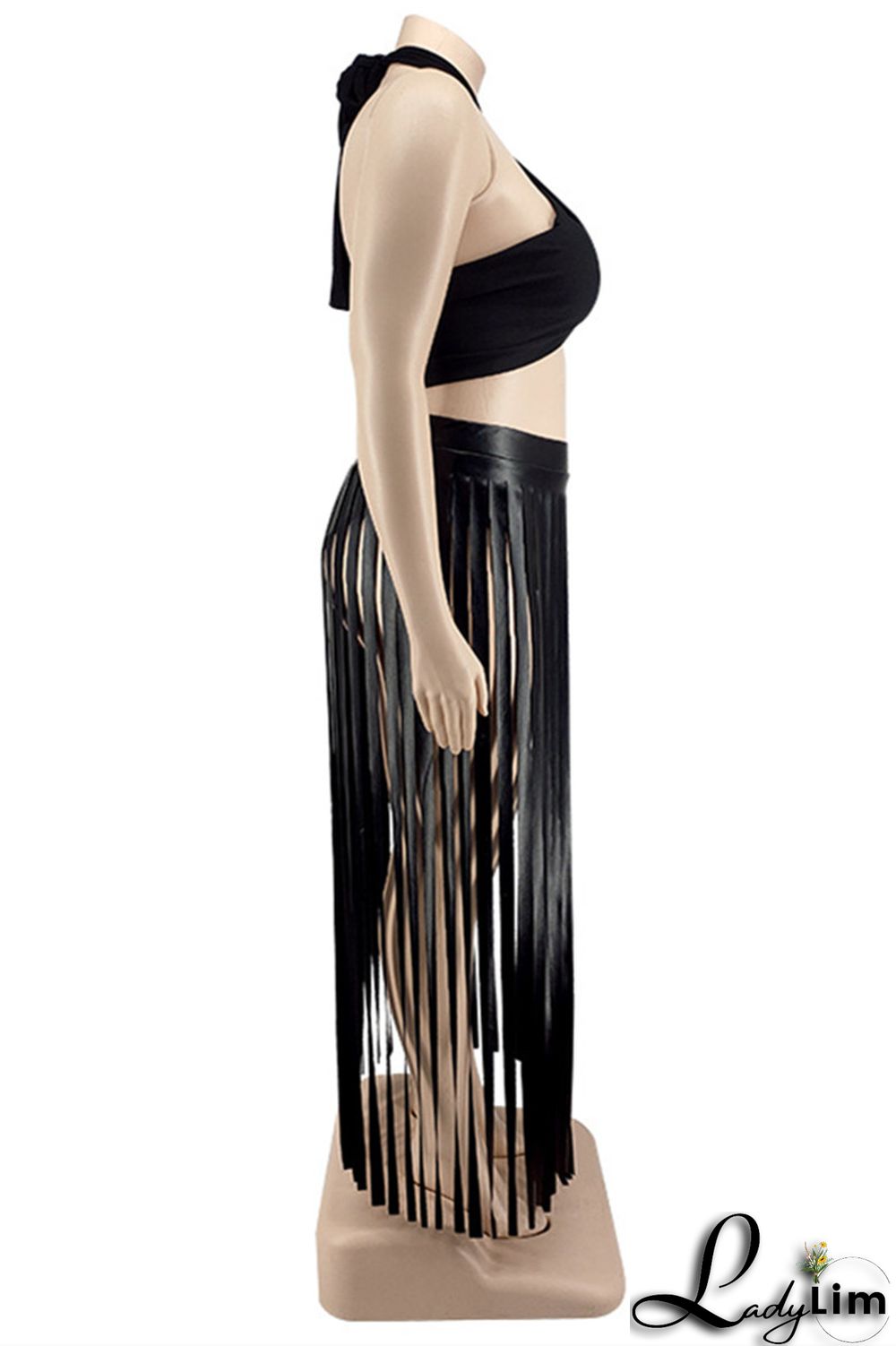 Black Fashion Sexy Solid Tassel Backless Halter Plus Size Two Pieces