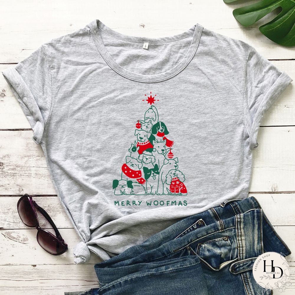 Merry Woofmas Colored Print T-shirt Kawaii Dog Lover Christmas Holiday Gift Tshirt Funny Women Graphic Tees Tops Drop Shipping