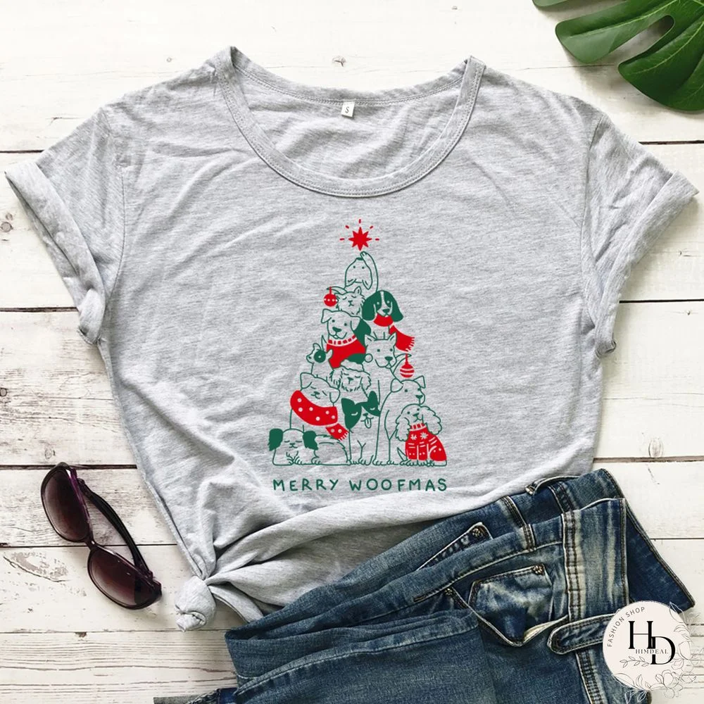 Merry Woofmas Colored Print T-shirt Kawaii Dog Lover Christmas Holiday Gift Tshirt Funny Women Graphic Tees Tops Drop Shipping