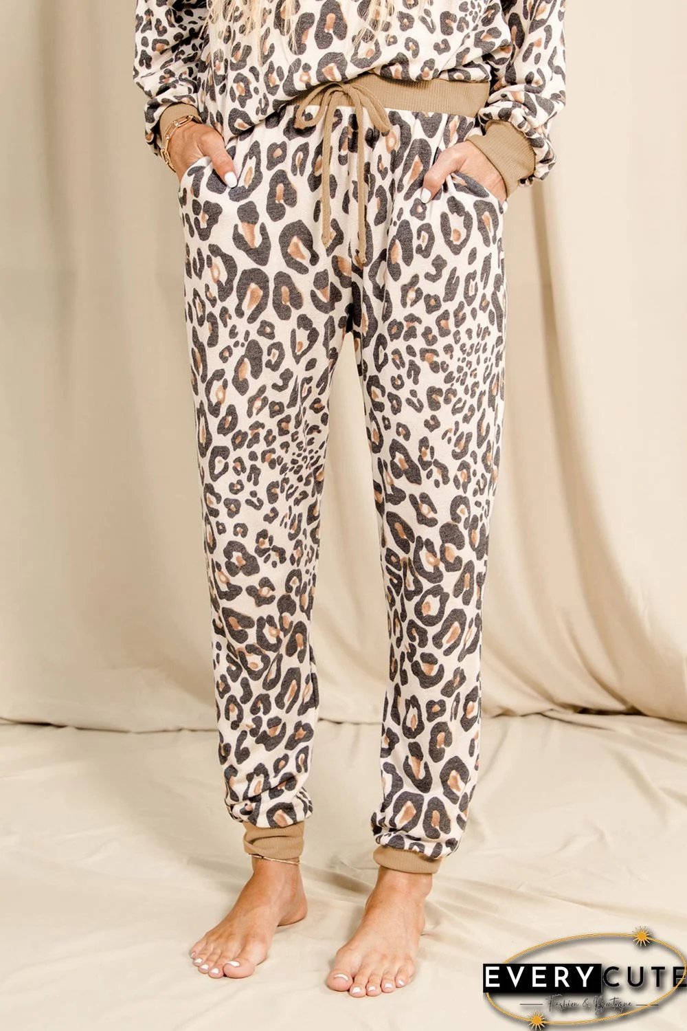 Leopard Print Long Sleeve Top and Drawstring Pants Loungewear