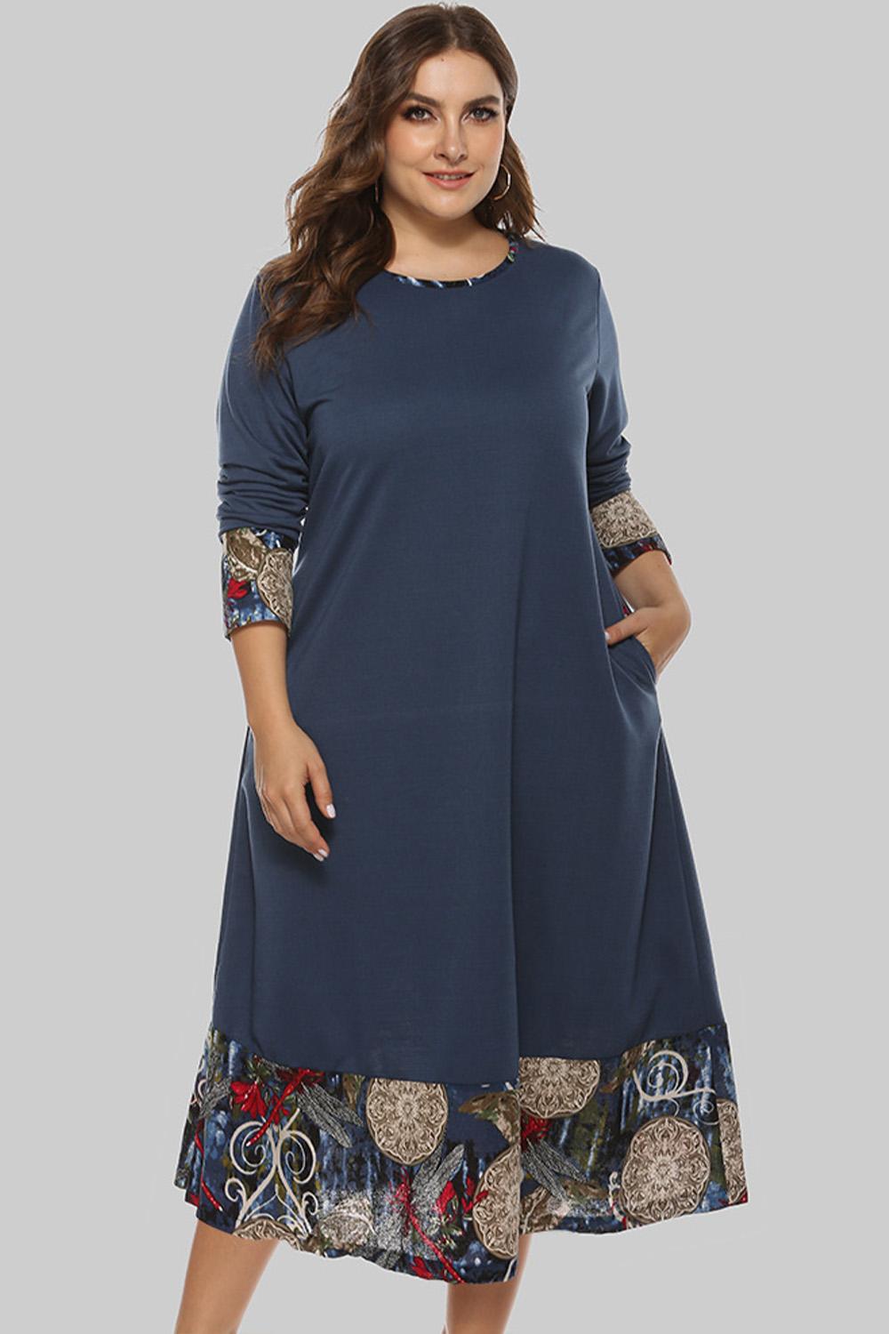 Plus Size Everyday Navy Blue Ethnic Print Patchwork Long Sleeve Pocket Midi Dress 2024 - Flycurvy 