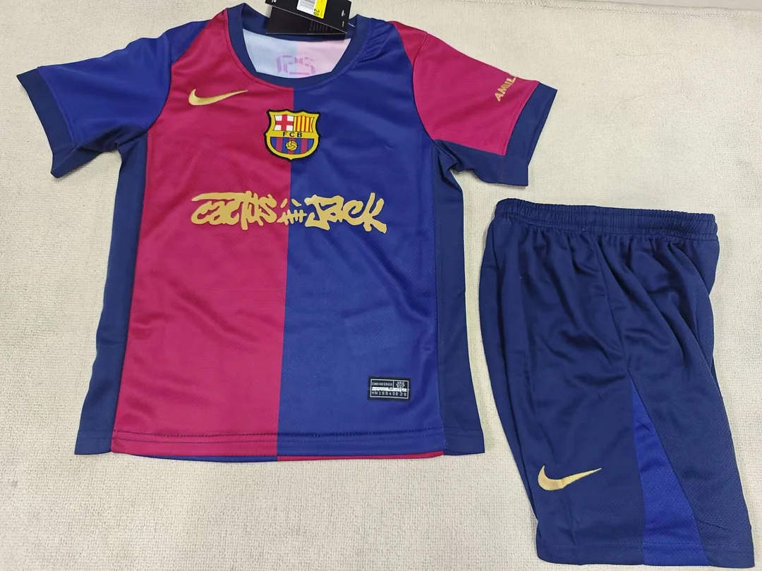 24/25 Barcelona Away New Sponsor Kids Kit Football Jersey Thai Quality
