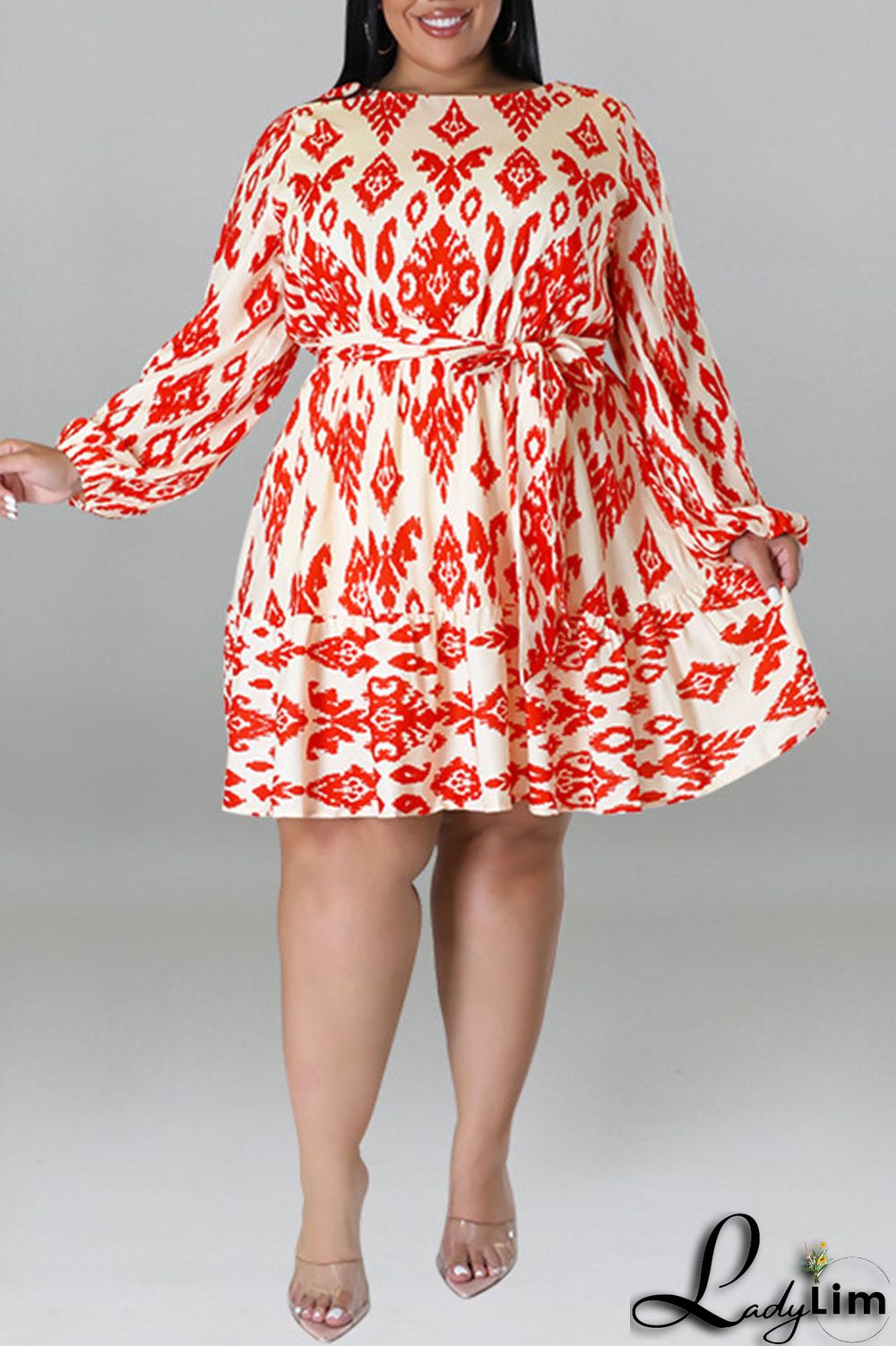 Light Apricot Casual Print Bandage Patchwork O Neck Straight Plus Size Dresses