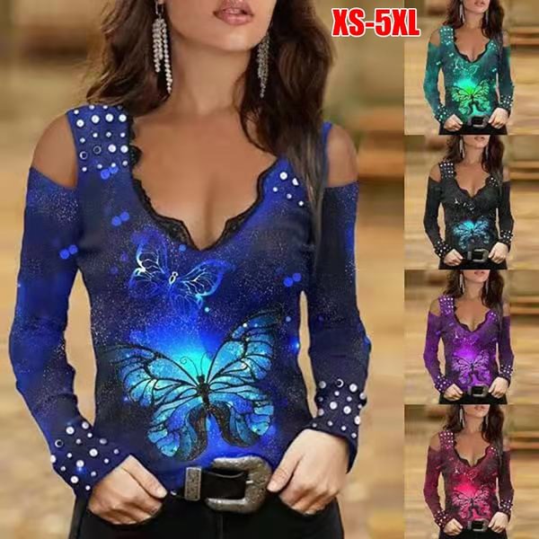 New Women's Off-shoulder Tops V-neck Lace Butterfly Printed Gradient Long Sleeved T-shirts Plus size XS-5XL - Shop Trendy Women's Clothing | LoverChic