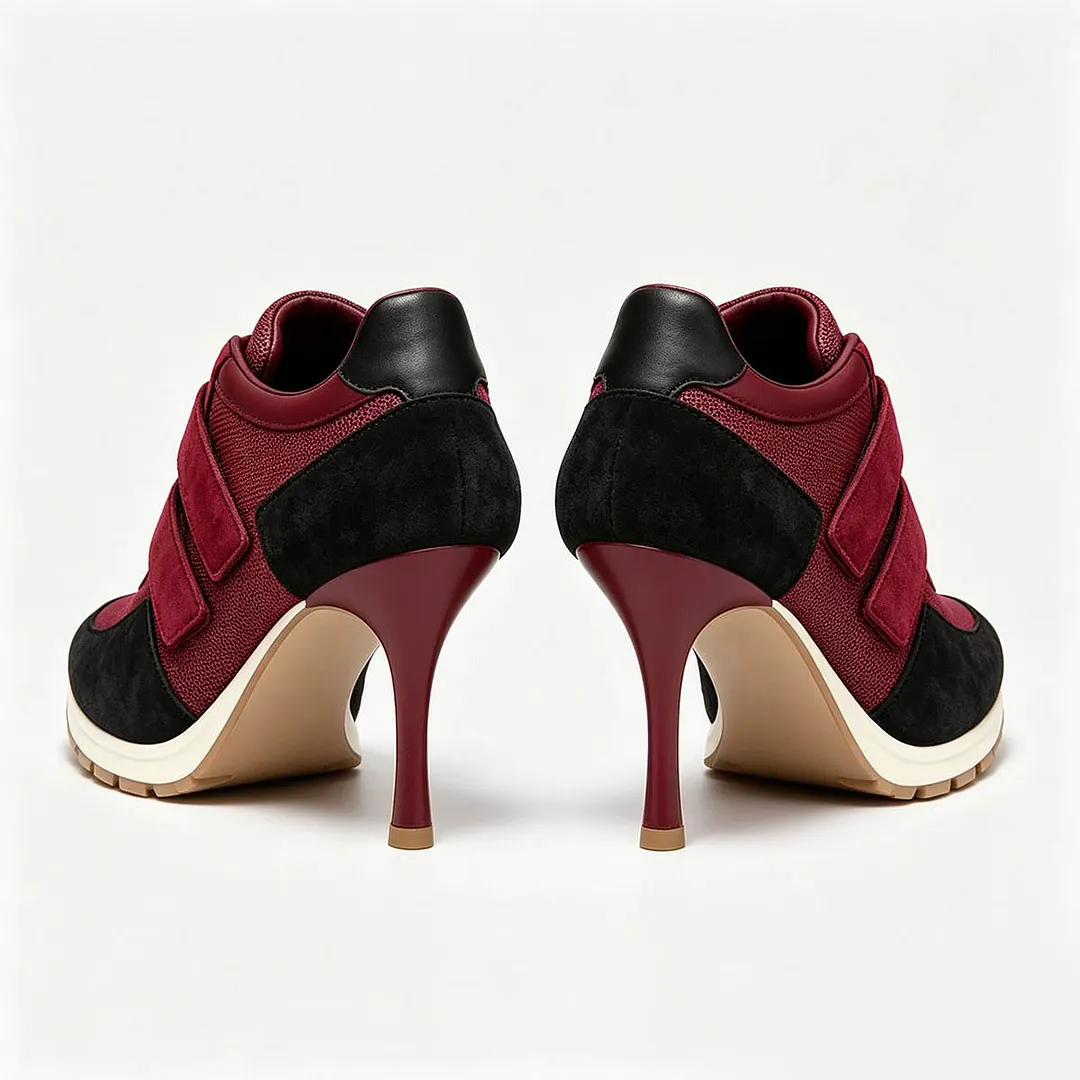 Black and Burgundy Mesh Vegan Suede Closed Toe Stiletto Heel Sneakers