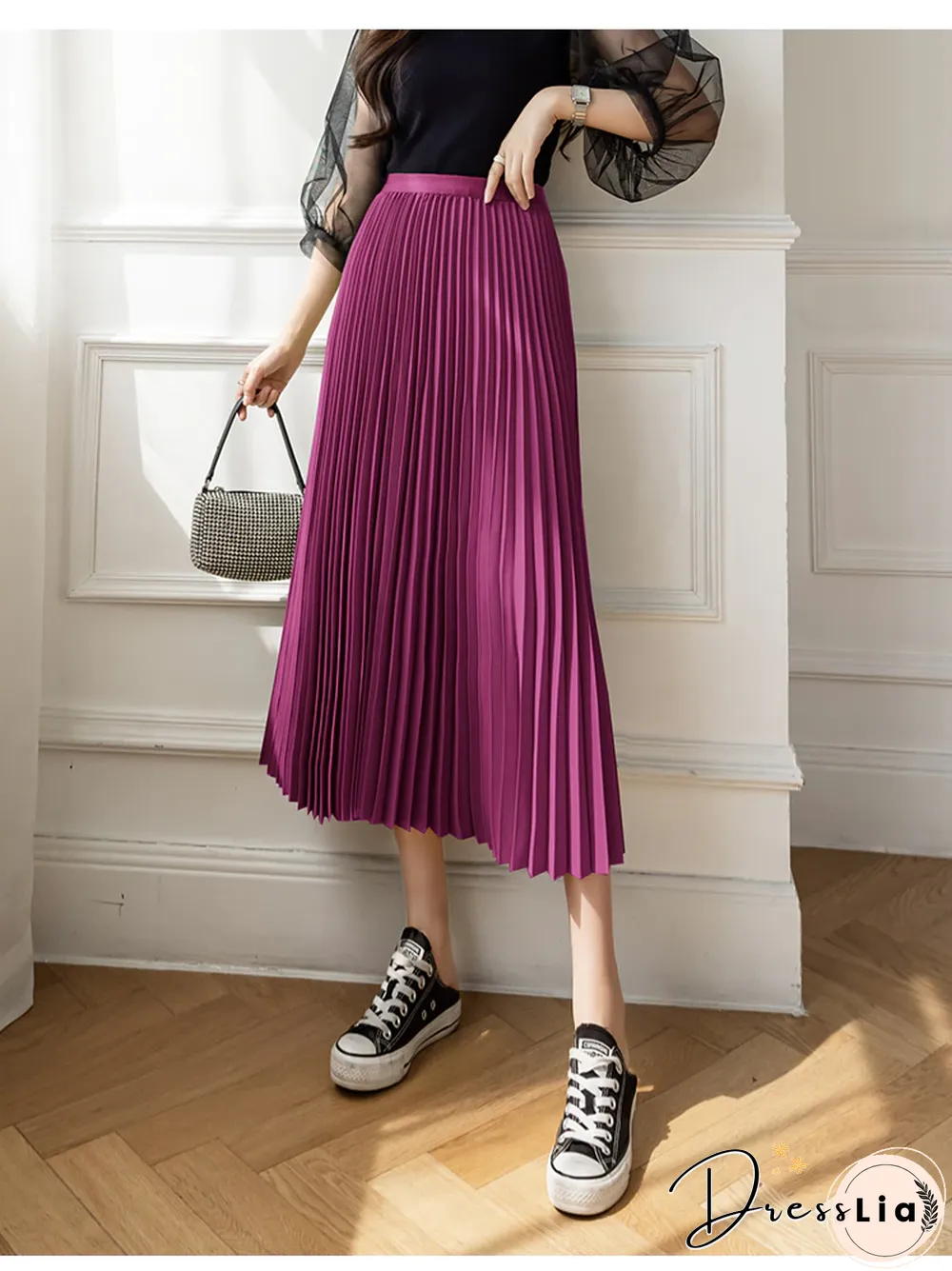 New Summer Womens Pleated Skirt High Waist Drape Umbrella Mid-_length Slim A-line Female