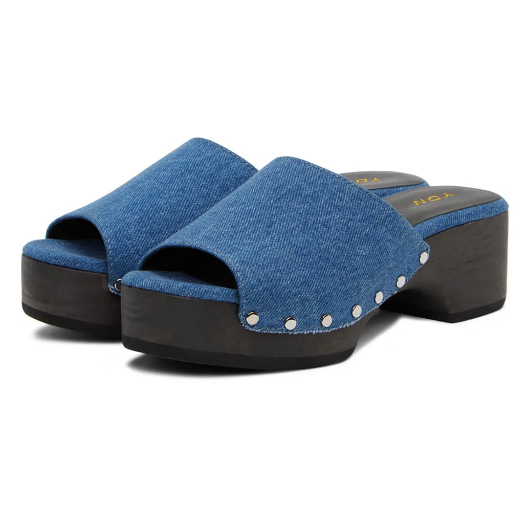 Blue Denim Chunky Heel Open Toe Studded Platform Mules Sandals
