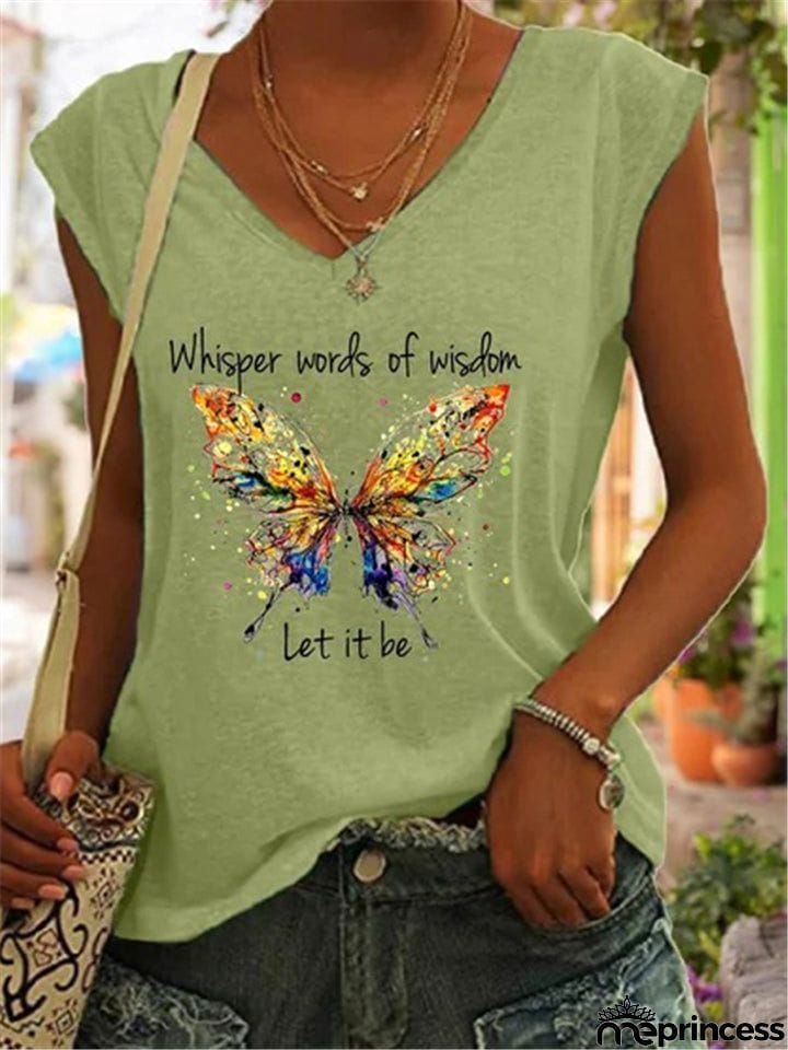 Butterfly And Words Printed V-Neck T-Shirts