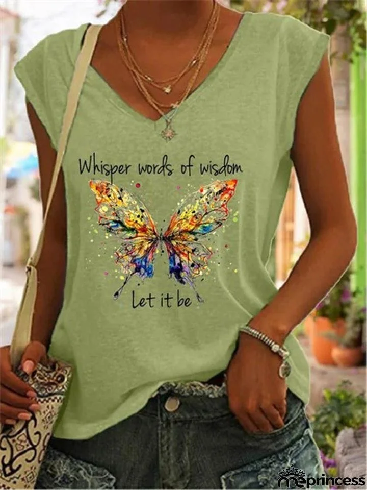 Butterfly And Words Printed V-Neck T-Shirts
