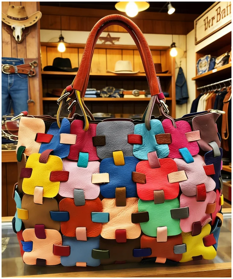 Beautiful Multicolour Patchwork Zippered Calf Leather Tote Handbag