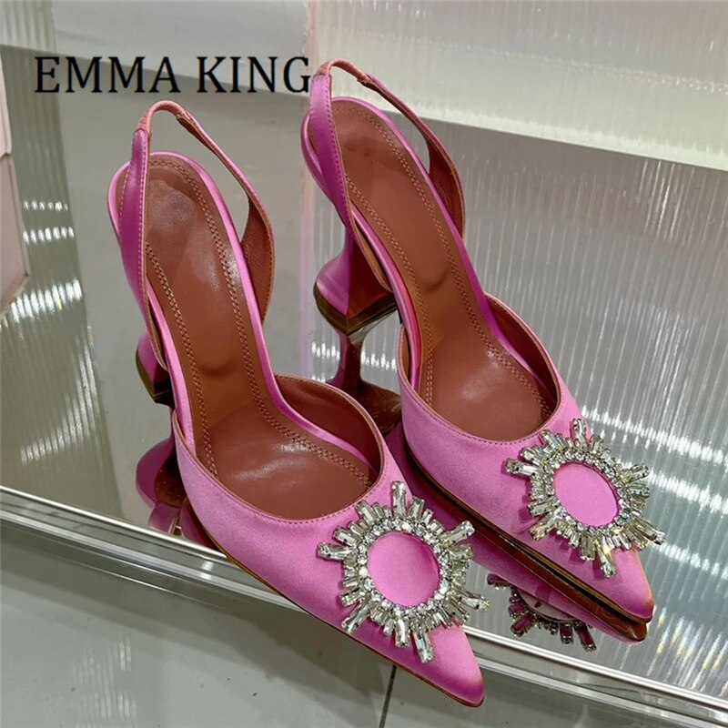 VCshoes Women Bling Crystal Slingback Pumps Pointed Toe Embellished Satin Pumps Ladies Evening Party Wedding Shoes