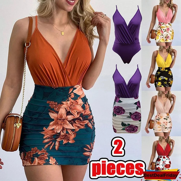 Women Sexy Spaghetti Strap Backless Summer Deep V Neck Solid Color Ruched Bodysuit And Floral Print Bodycon Skirt Set