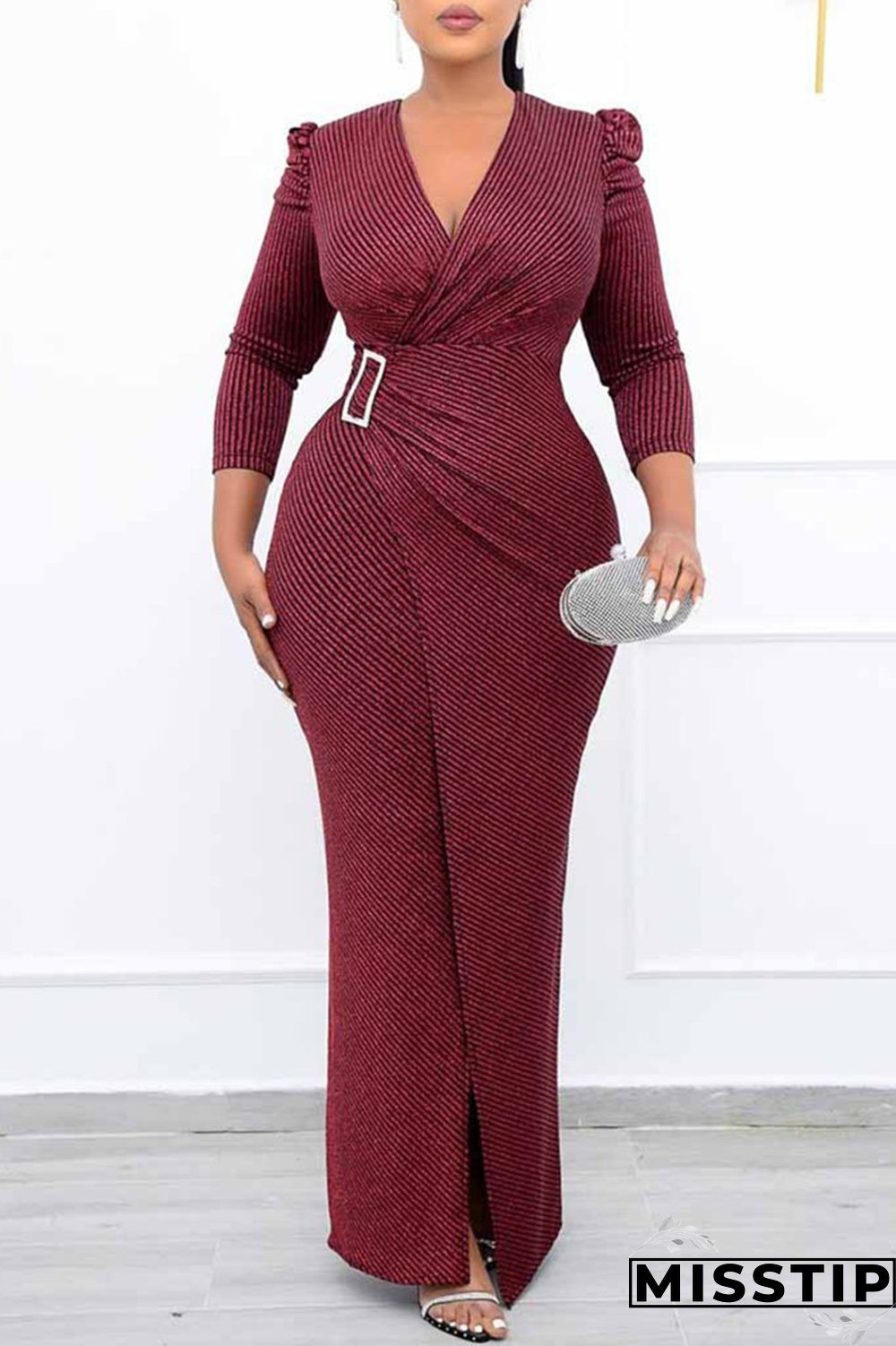 Grey Fashion Casual Solid Patchwork Slit V Neck Evening Dress