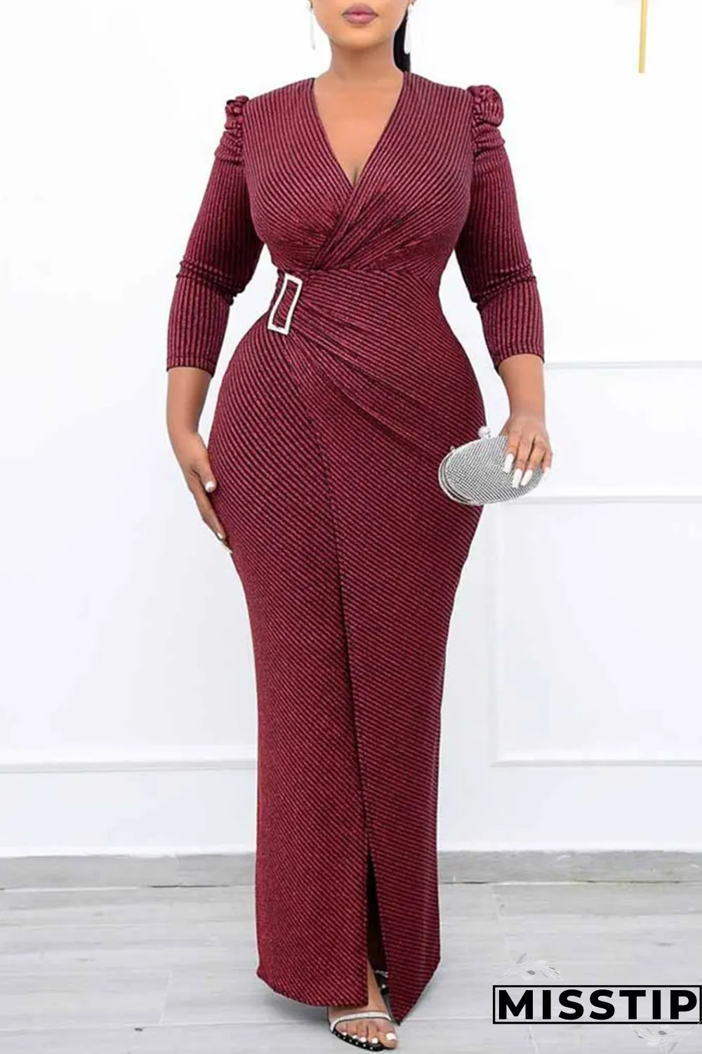 Grey Fashion Casual Solid Patchwork Slit V Neck Evening Dress