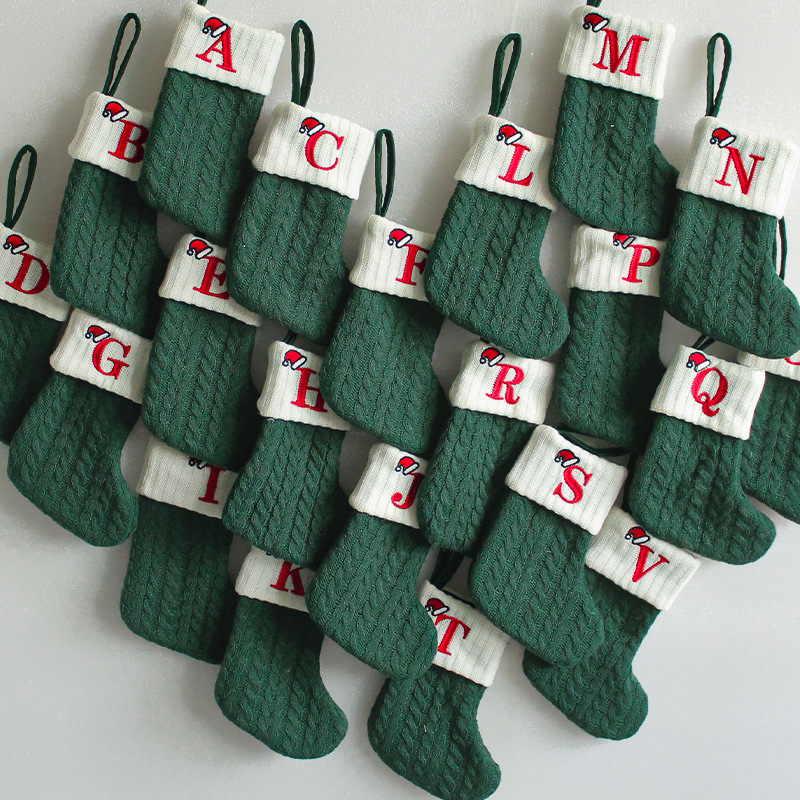 Green Christmas Embroidered Knitted Sock Letter Knit Stocking Decorations