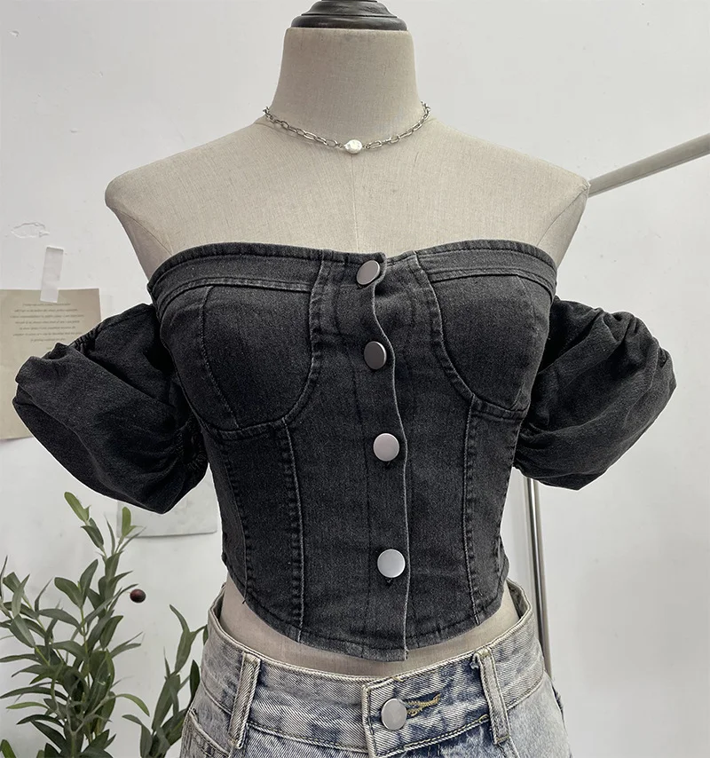 Uveng Real Shot Shoulder Bubble Short Sleeves Denim Shirt Design Hot Girl Collar Small Short Top 2530