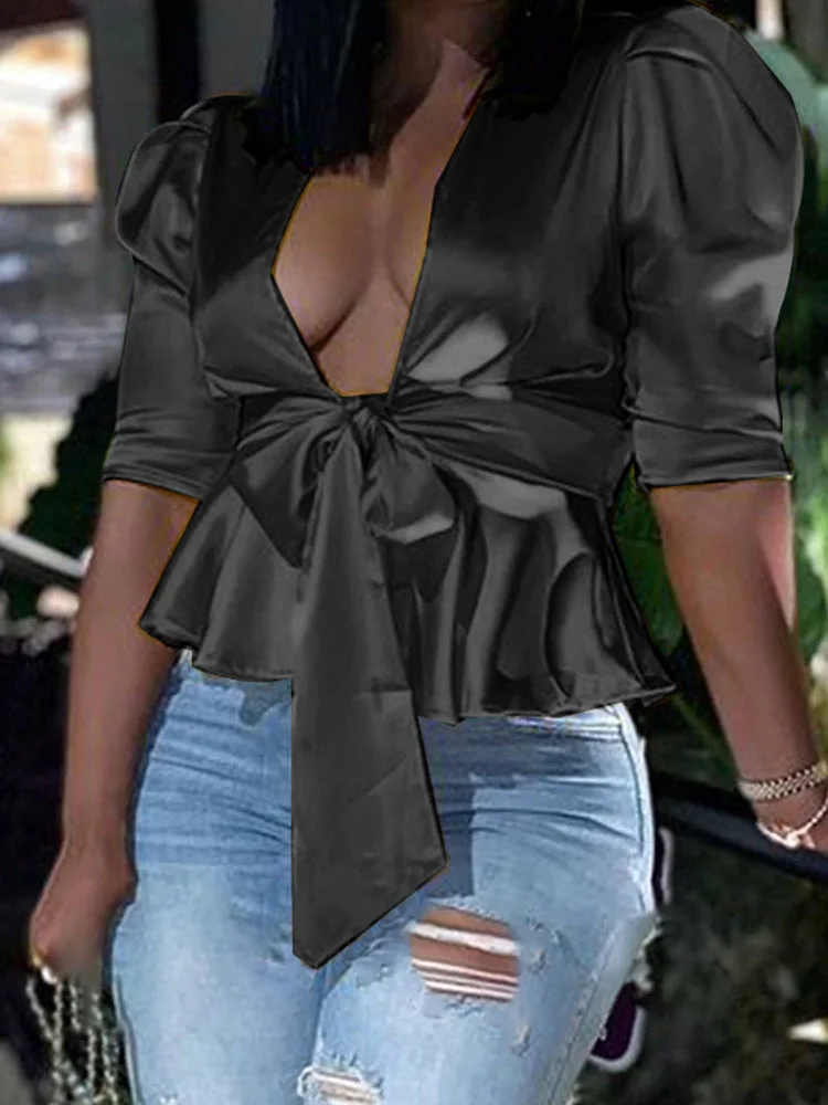Large size solid color V-neck half sleeve lace-up blouse SKUI13827 QueenFunky