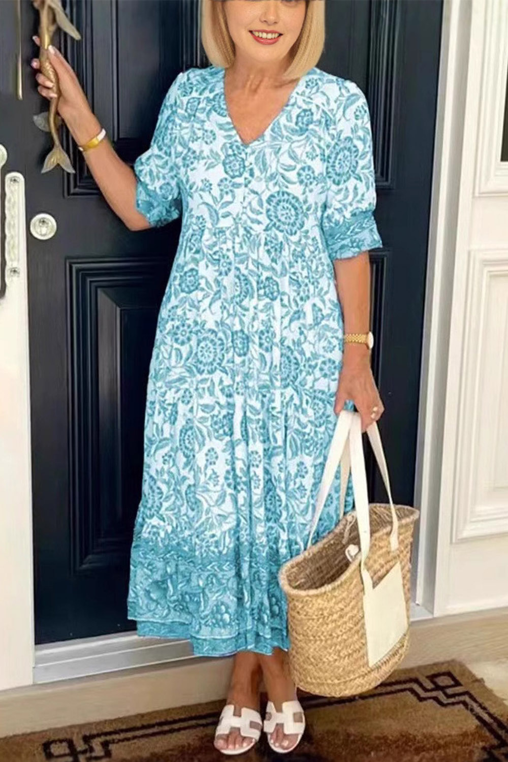 Plus Size Everyday Blue Floral Print Half Sleeve Maxi Dress 2024 - Flycurvy 