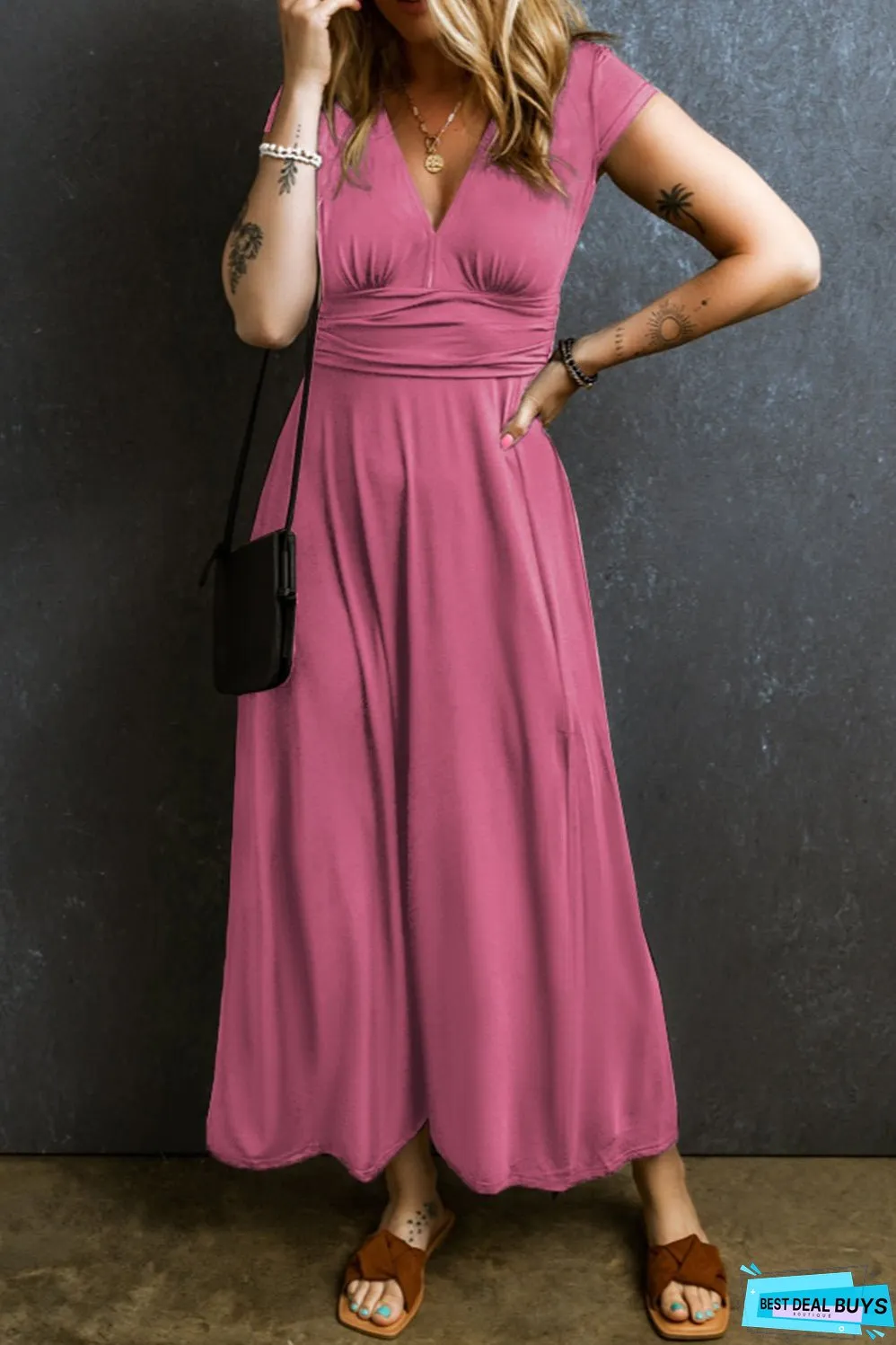 Smocked V-Neck Short Sleeve Dress