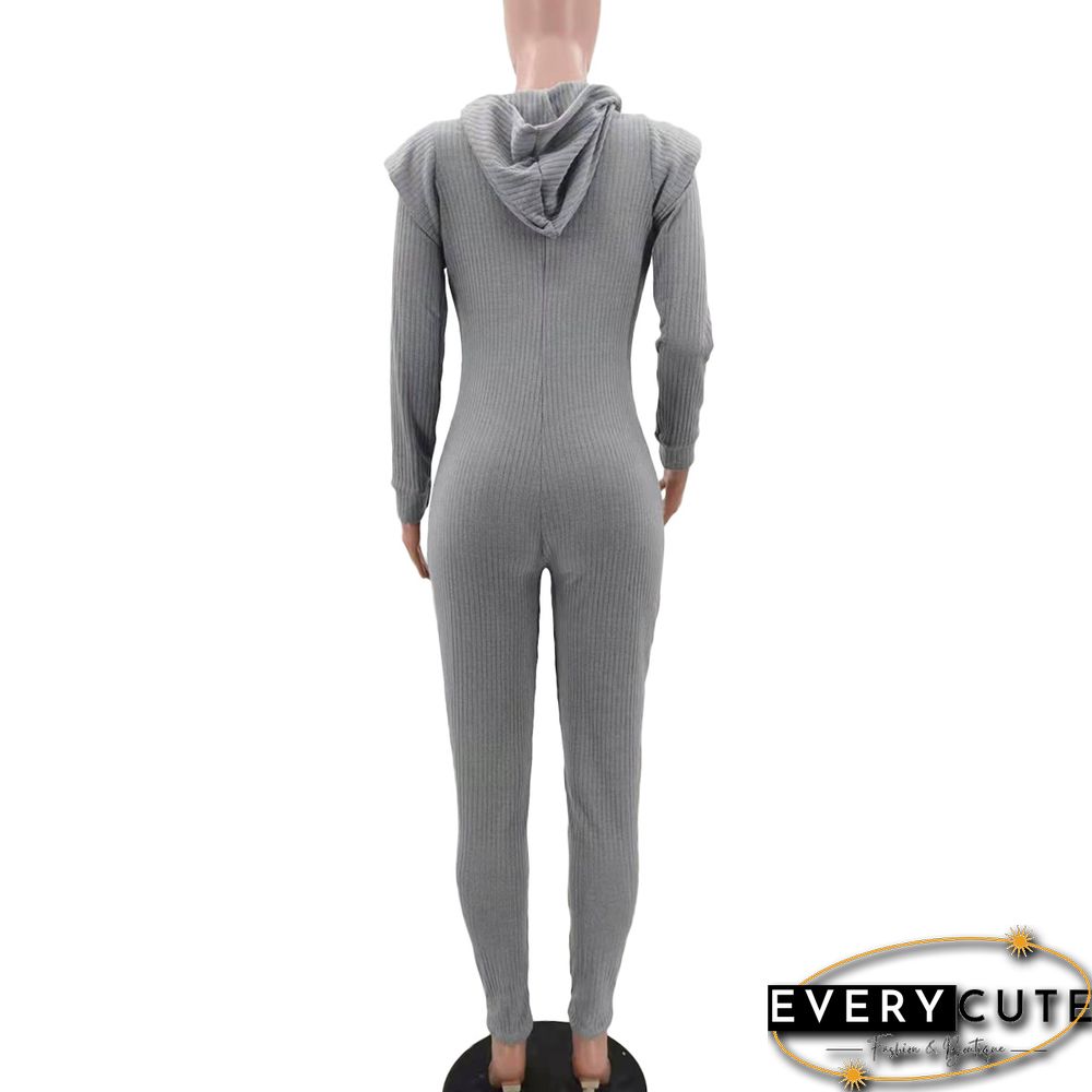 Knitted Long Sleeve Shoulder Padded Hooded Jumpsuit
