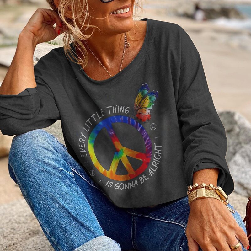 Multicolor Peace Symbol Butterfly Letter Print T-shirt