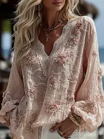 Women's Floral Embroidery Lace Linen Blend T-shirt