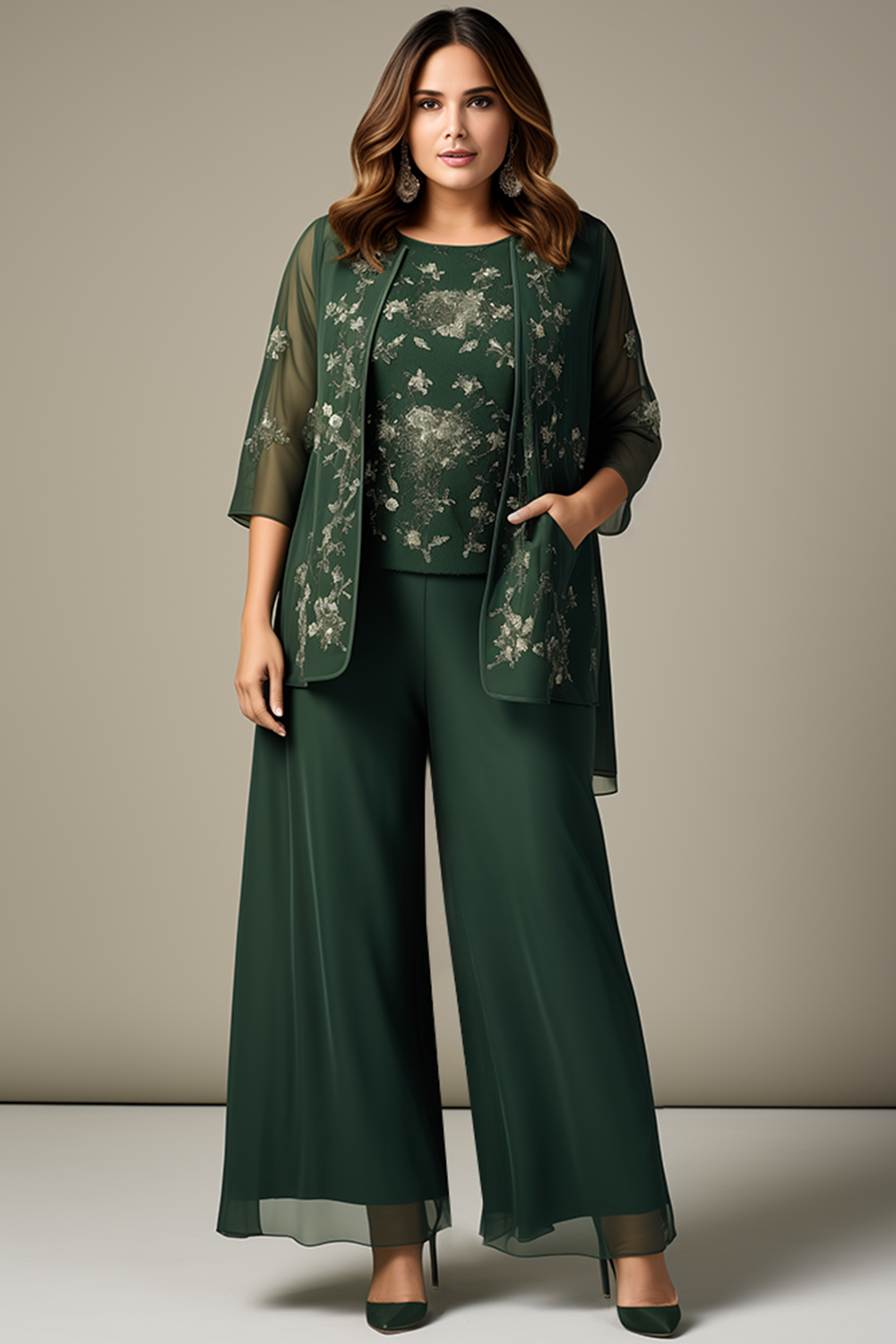 Flycurvy Plus Size Mother Of The Bride Dark Green Chiffon Embroidery Pocket 3/4 Sleeve Three Piece Pant Suit