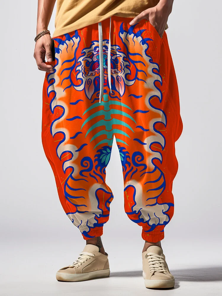 Men's Japanese Abstract Art Tiger Print Loose Drawstring Waist Sweatpants