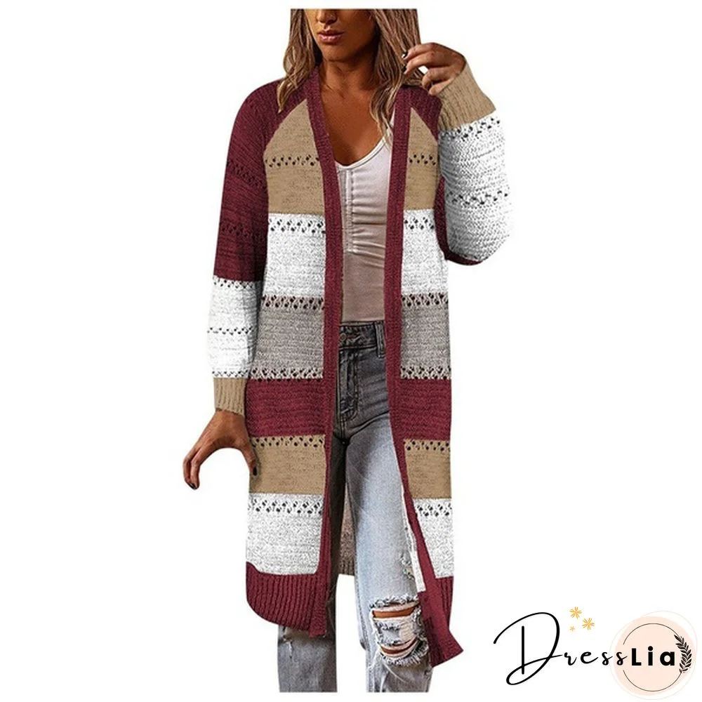 New Fashion Women Cardigan Comfy Stylish Stitching Long Sleeve Striped Patchwork Sweater Female Casual Long Cardigan Autumn Winter Tops