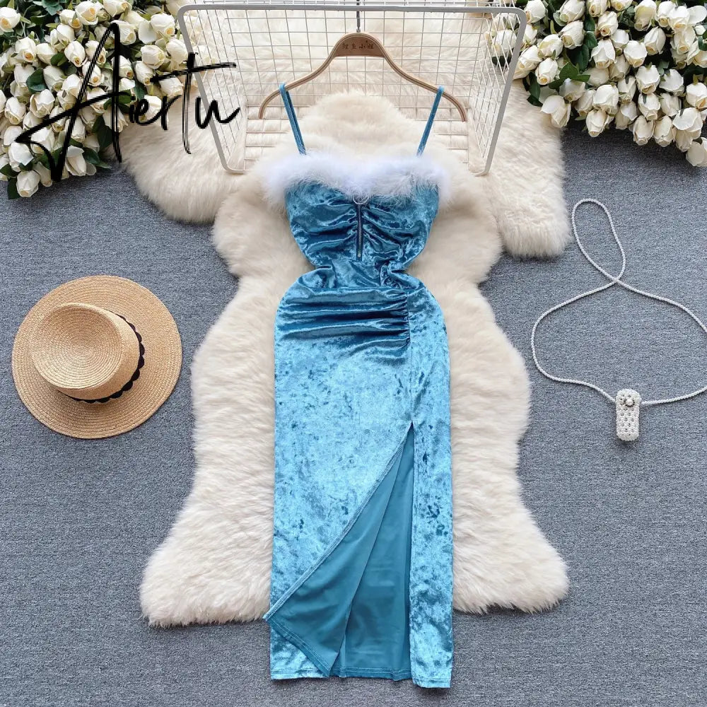 Aiertu Strap Plush Velvet Long Dress Autumn Inside Elastic Ruched Slim Backless Christmas Cosplay Sexy Dress Aiertu