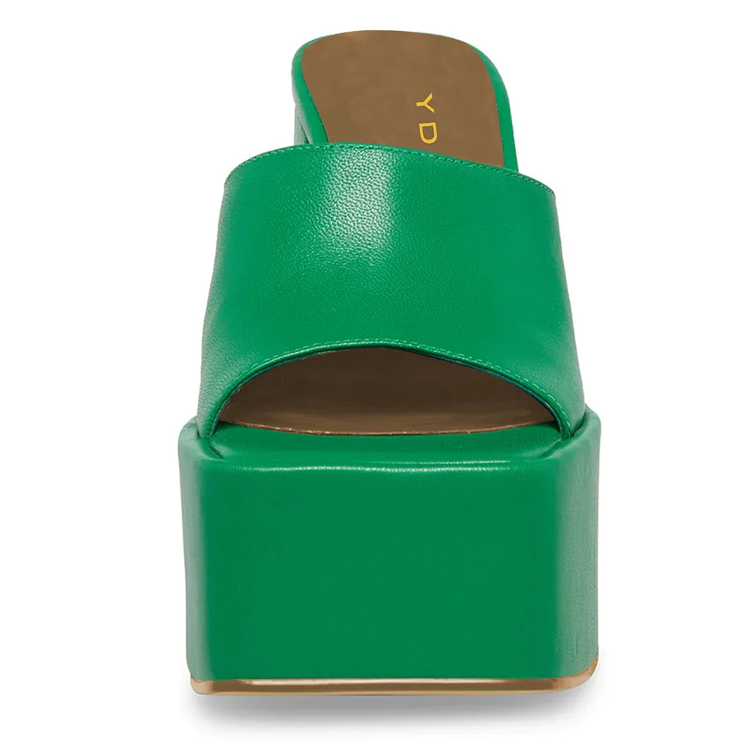 Vegan Leather Square Toe Wide Band Platform Block Heel Mules in Green
