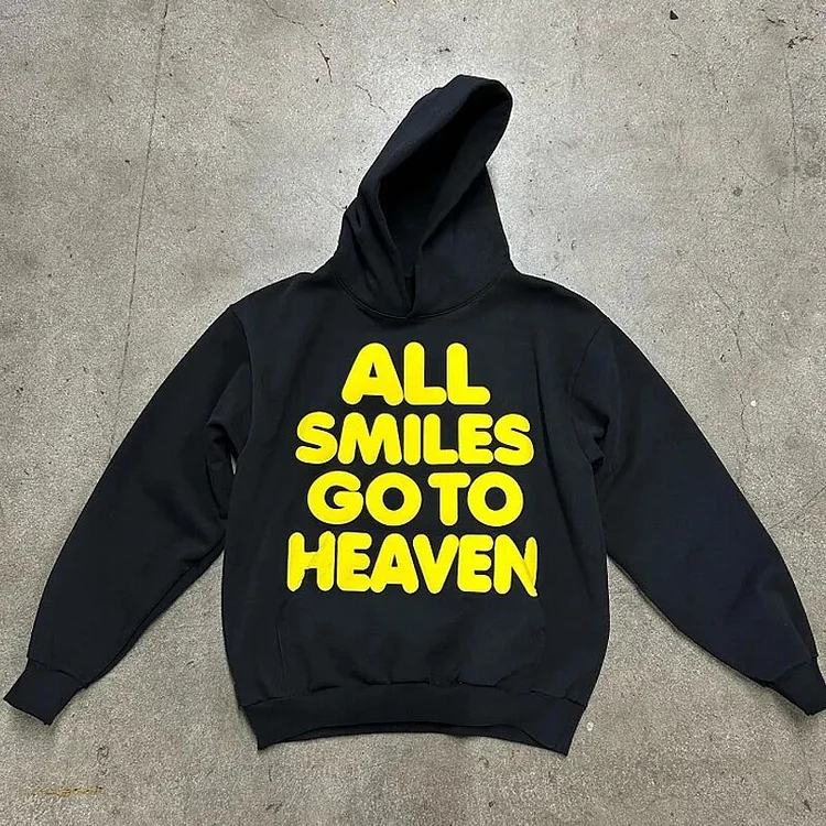 Pullover Hoodie Letter Print Vintage Hooded Sweatshirt Streetwear All Smiles Go To Heaven at Hiphopee