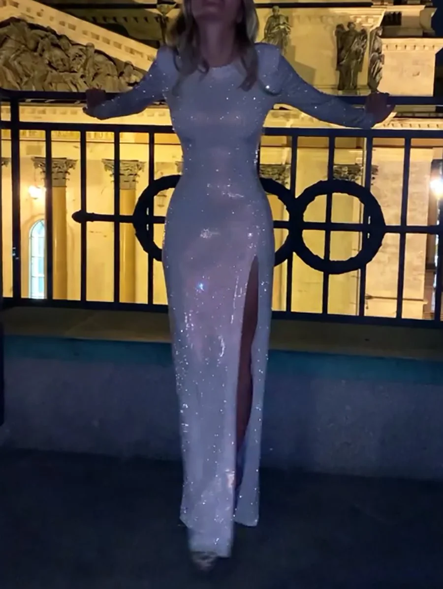 Elegant Crew Neck Long Sleeve High Slit Maxi Dress