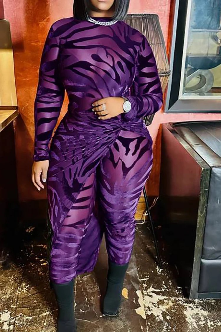 Xpluswear Plus Size Purple Party Animal Print See-Through Mesh Long Sleeve Wrap Skirt Jumpsuit Set 