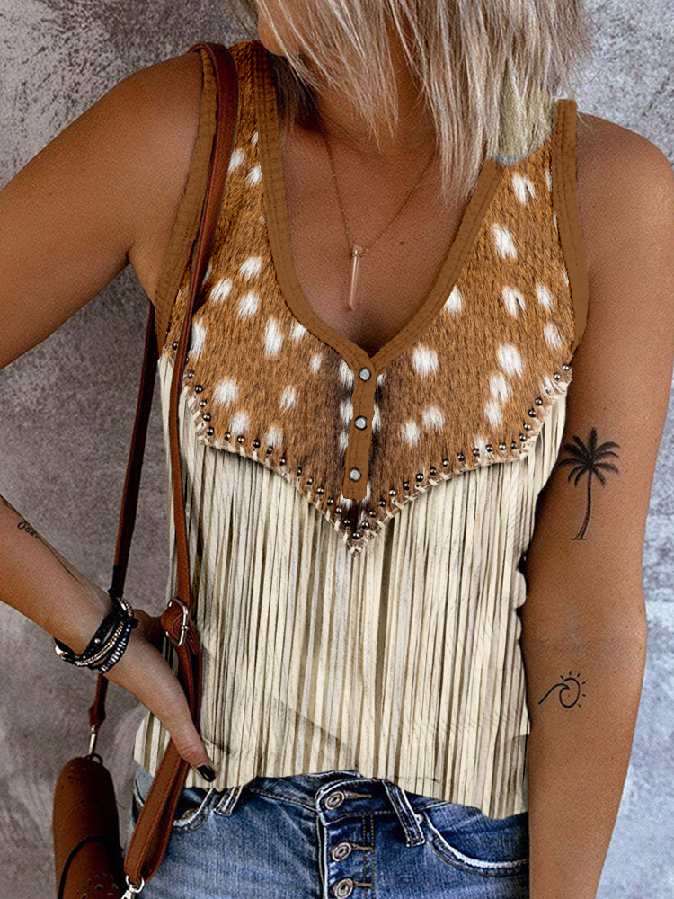  Western Deerskin Pattern Tassels Button Up Tank Top Westsshops