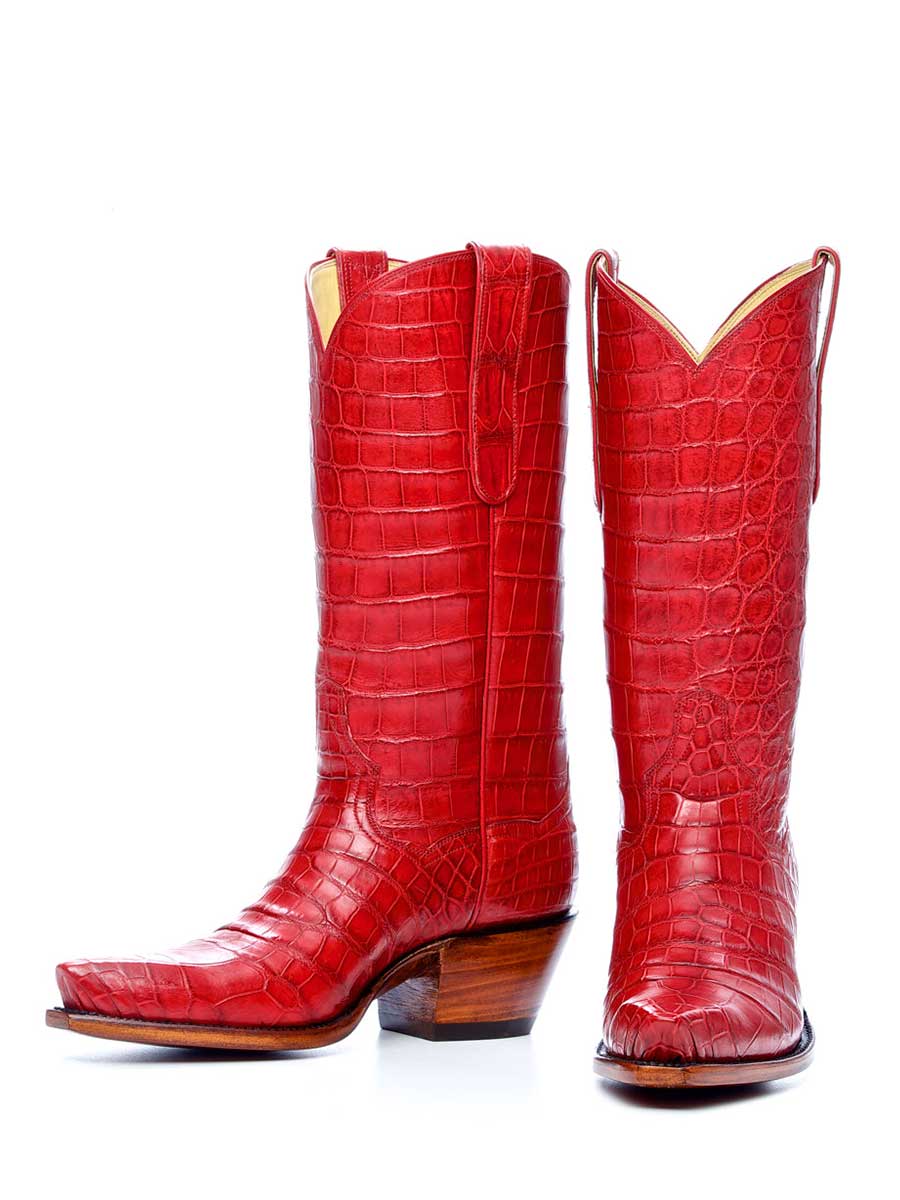 Croco Embossed Snip Toe Chunky Heel Knee High Cowboy Boots in Red