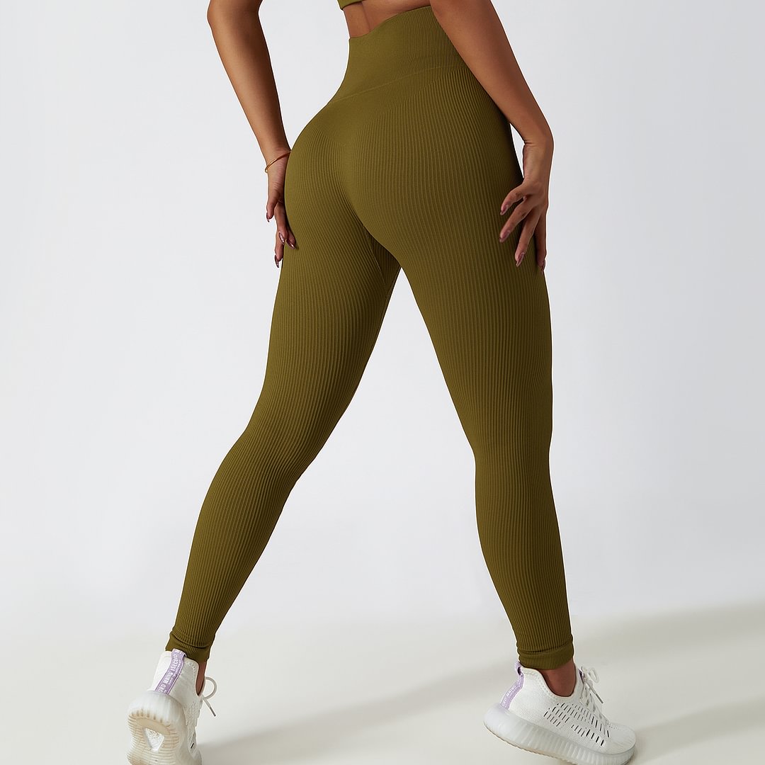 Hergymclothing Olive tummy control super stretchy high rise ribbed seamless workout yoga leggings without front seam online shopping