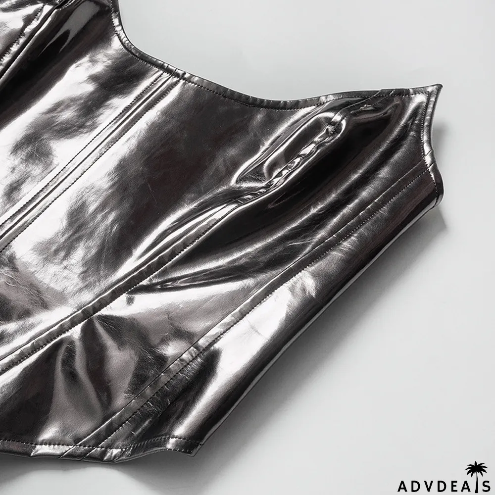 Women Summer Solid Color Sexy Sleeveless Backless Lace-Up PU-Leather Strapless Top