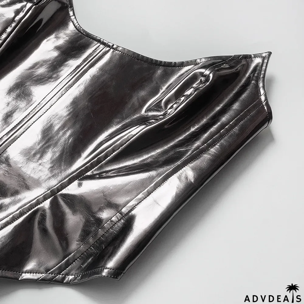 Women Summer Solid Color Sexy Sleeveless Backless Lace-Up PU-Leather Strapless Top