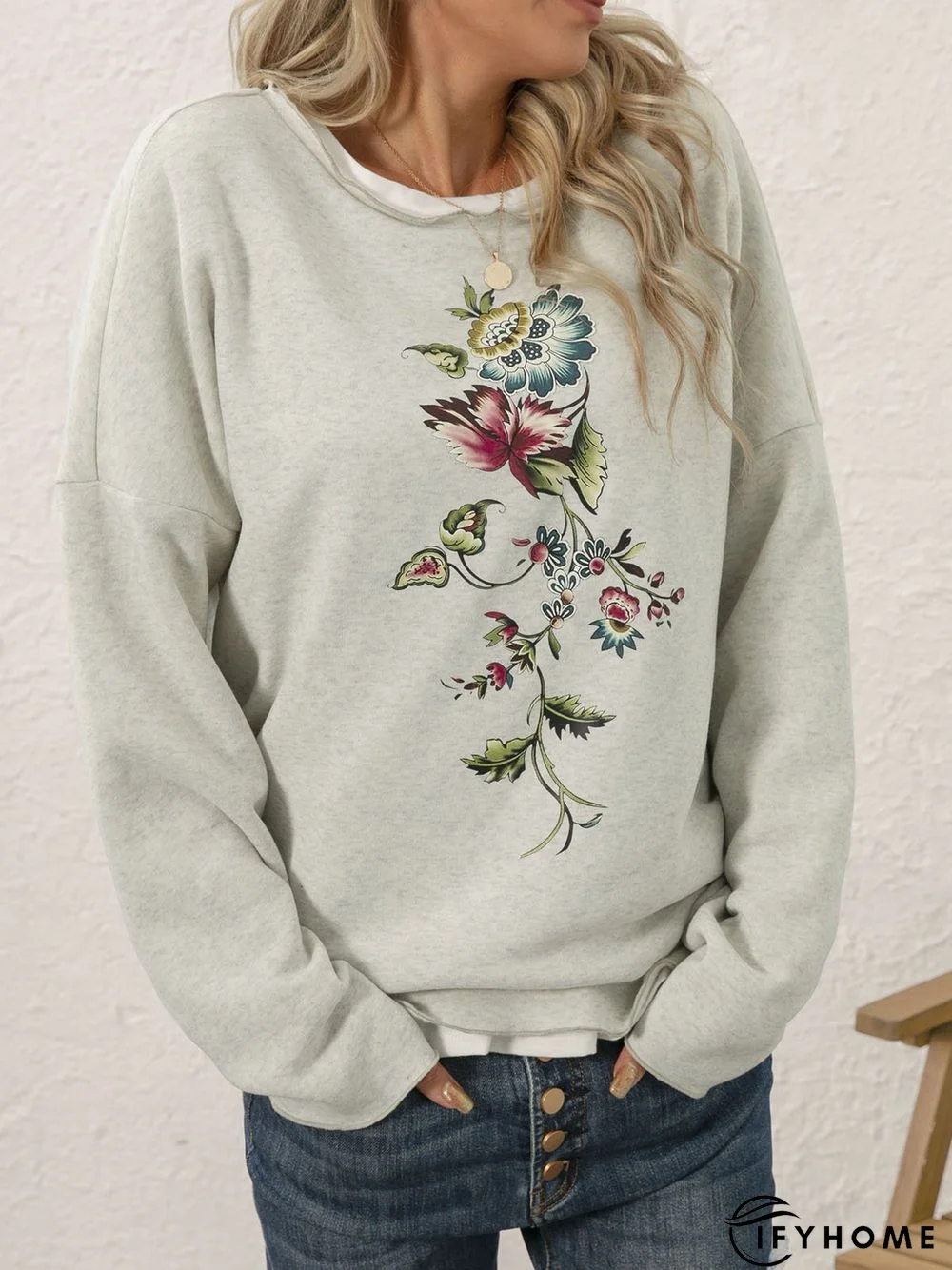 Long Sleeve Cotton-Blend Floral Sweatshirts | IFYHOME